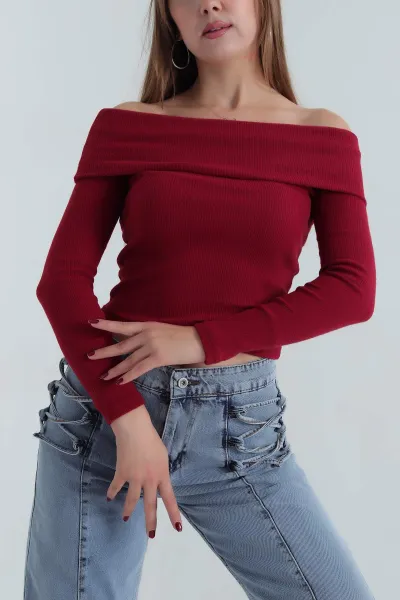Bordo Şardonlu Fitilli Madonna Yaka Triko Bluz 391153