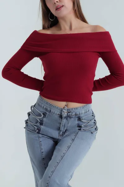 Bordo Şardonlu Fitilli Madonna Yaka Triko Bluz 391153