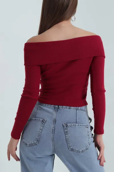 Bordo Şardonlu Fitilli Madonna Yaka Triko Bluz 391153