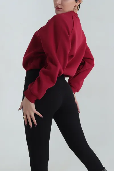 Bordo Şardonlu Kadın Fermuarsız Sweat 412250