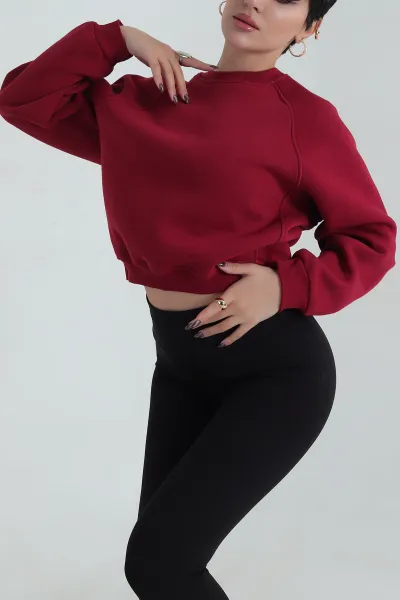 Bordo Şardonlu Kadın Fermuarsız Sweat 412250