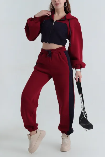 Bordo Şardonlu Kadın Kapüşonlu Takım 389312