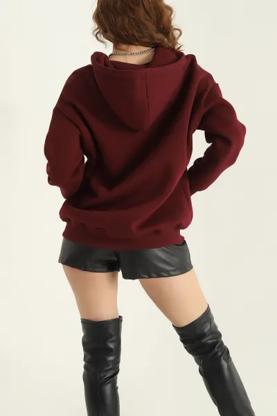 Bordo Şardonlu Kapşonlu Üç İp Bayan Sweat 318382
