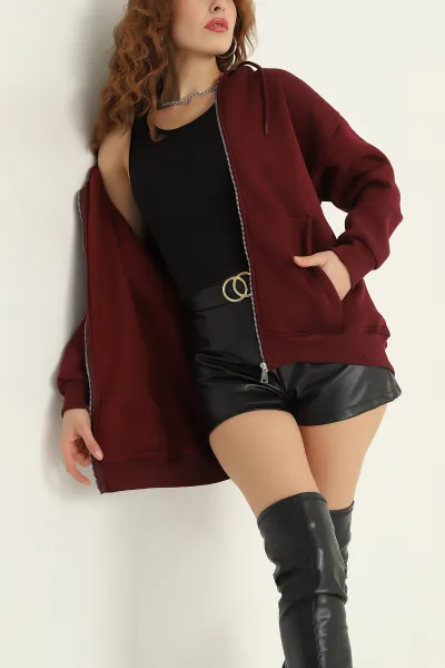 Bordo Şardonlu Kapşonlu Üç İp Bayan Sweat 318382