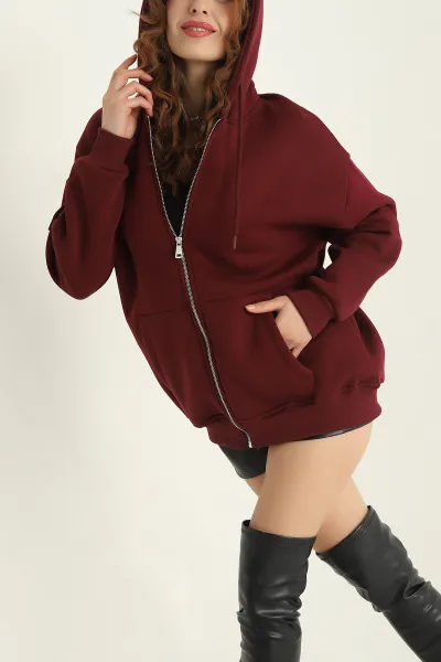 Bordo Şardonlu Kapşonlu Üç İp Bayan Sweat 318382