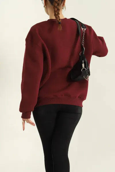Bordo Şardonlu Leopar Desenli Üç İp Bayan Sweat 331740