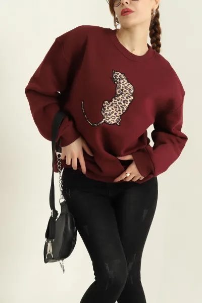 Bordo Şardonlu Leopar Desenli Üç İp Bayan Sweat 331740
