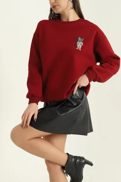 Bordo Şardonlu Nakışlı Üç İp Bayan Sweat 330413