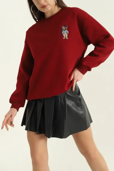 Bordo Şardonlu Nakışlı Üç İp Bayan Sweat 330413