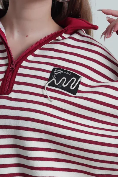 Bordo Şardonlu Polo Yaka Kadın Sweat 489514