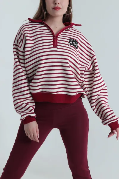 Bordo Şardonlu Polo Yaka Kadın Sweat 489514