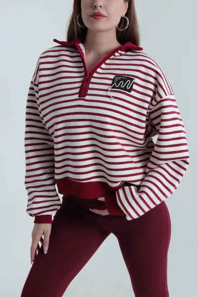 Bordo Şardonlu Polo Yaka Kadın Sweat 489514
