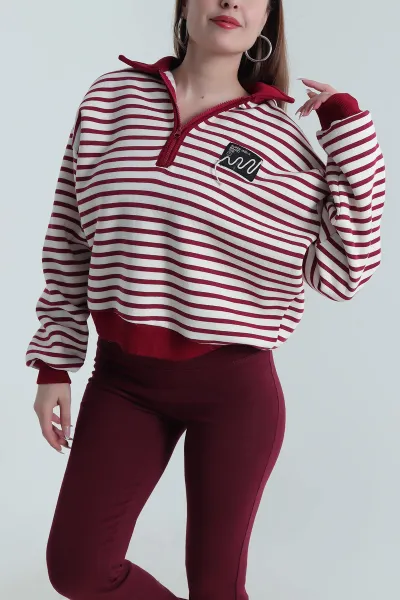 Bordo Şardonlu Polo Yaka Kadın Sweat 489514