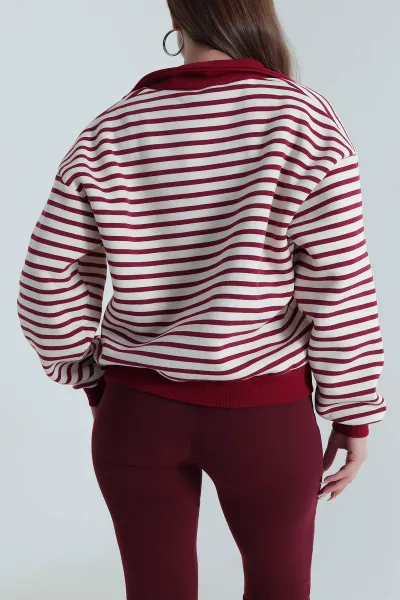 Bordo Şardonlu Polo Yaka Kadın Sweat 489514