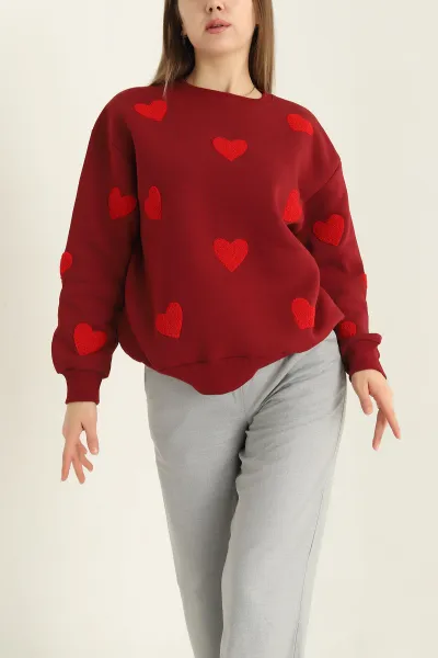 Bordo Şardonlu Süzene Nakışlı İki İp Bayan Sweat 319921