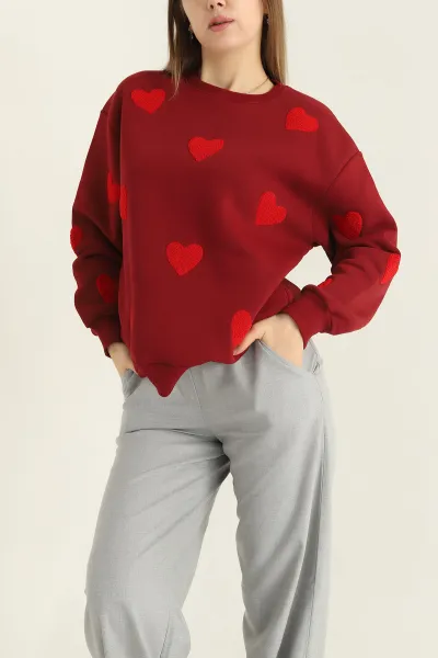 Bordo Şardonlu Süzene Nakışlı İki İp Bayan Sweat 319921