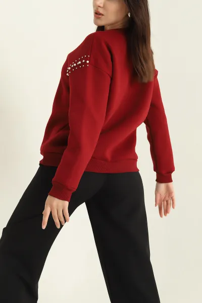 Bordo Şardonlu Taşlı İki İp Bayan Sweat 326865