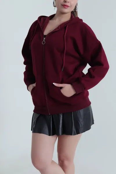 Bordo Şardonlu Üç İp Fermuarlı Kadın Sweat 484567