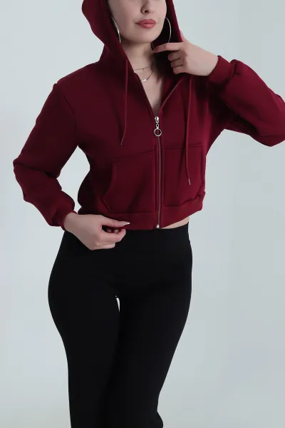 Bordo Şardonlu Üç İp Fermuarlı Kadın Sweat 490521
