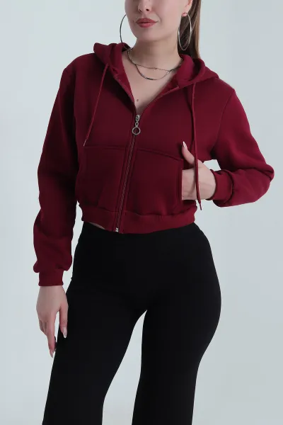 Bordo Şardonlu Üç İp Fermuarlı Kadın Sweat 490521