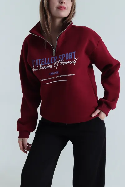 Bordo Şardonlu Üç İp Kadın Fermuarlı Sweat 494739