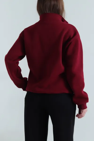 Bordo Şardonlu Üç İp Kadın Fermuarlı Sweat 494739