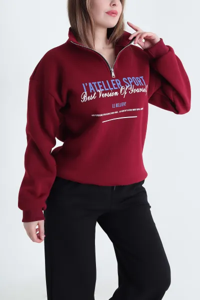 Bordo Şardonlu Üç İp Kadın Fermuarlı Sweat 494739