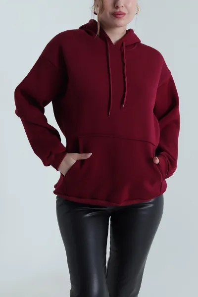 Bordo Şardonlu Üç İp Kadın Fermuarsız Sweat 490210