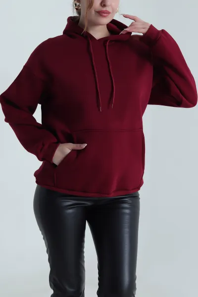 Bordo Şardonlu Üç İp Kadın Fermuarsız Sweat 490210