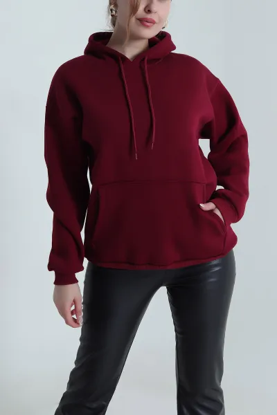 Bordo Şardonlu Üç İp Kadın Fermuarsız Sweat 490210