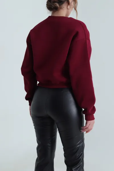 Bordo Şardonlu Üç İp Kadın Fermuarsız Sweat 490215