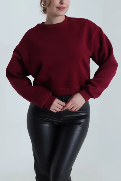 Bordo Şardonlu Üç İp Kadın Fermuarsız Sweat 490215