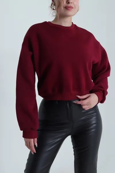 Bordo Şardonlu Üç İp Kadın Fermuarsız Sweat 490215