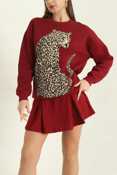 Bordo Şardonlu Üç İplik Bayan Sweat 326318