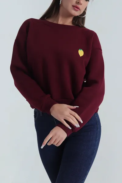 Bordo Şardonlu Üç İplik Kadın Sweat 387824