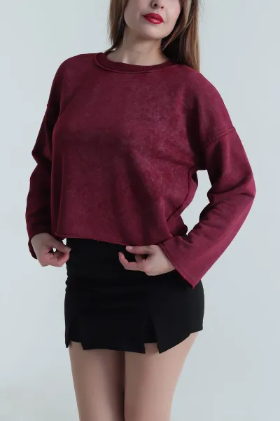 Bordo Şardonsuz Üç İp Kadın Fermuarsız Sweat 494338