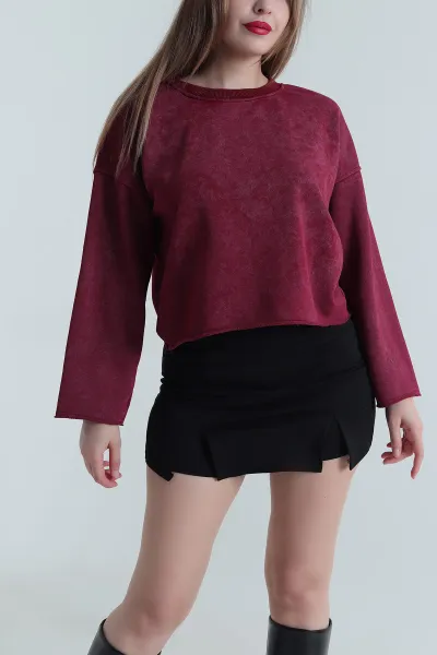 Bordo Şardonsuz Üç İp Kadın Fermuarsız Sweat 494338