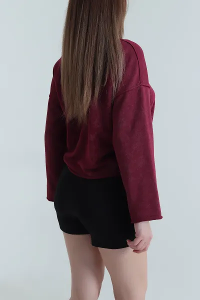 Bordo Şardonsuz Üç İp Kadın Fermuarsız Sweat 494338