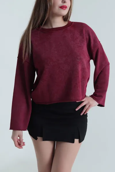 Bordo Şardonsuz Üç İp Kadın Fermuarsız Sweat 494338
