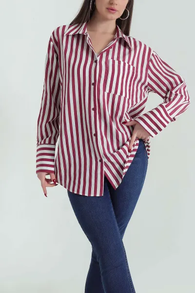 Bordo Saten Dokuma Geçişli Oversize Gömlek 334915