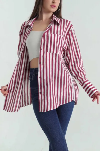 Bordo Saten Dokuma Geçişli Oversize Gömlek 334915