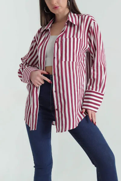 Bordo Saten Dokuma Geçişli Oversize Gömlek 334915