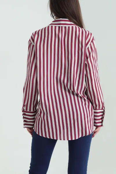 Bordo Saten Dokuma Geçişli Oversize Gömlek 334915