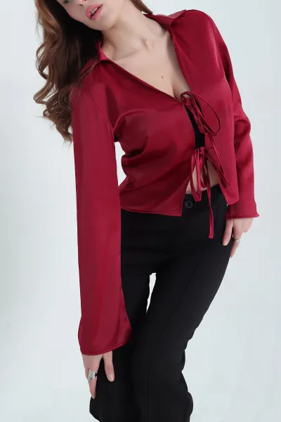 Bordo Saten Önden Bağlamalı Gömlek Bluz 337988
