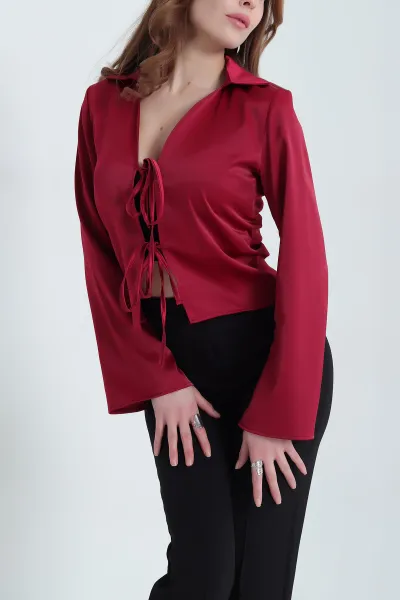 Bordo Saten Önden Bağlamalı Gömlek Bluz 337988