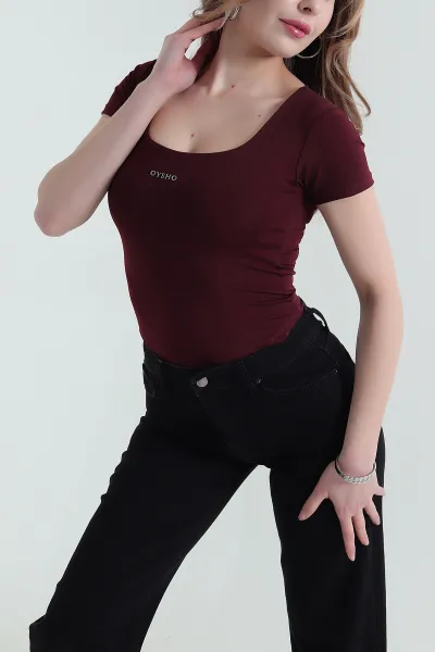 Bordo Scuba Likralı Kadın Zıbın Bluz 432255
