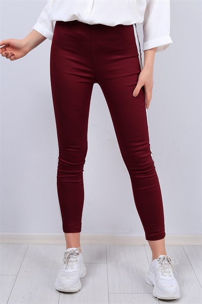 Bordo Şeritli Bayan Pamuklu Tayt 12266B