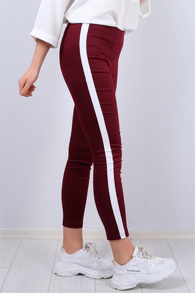 Bordo Şeritli Bayan Pamuklu Tayt 12266B