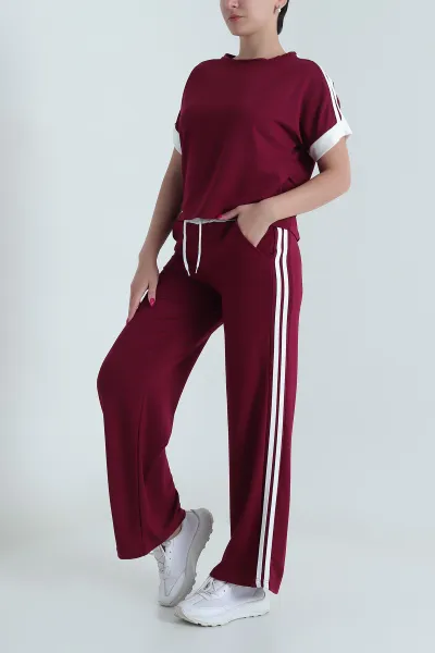 Bordo Şeritli Kristal Kumaş Kadın İkili Takım 478257
