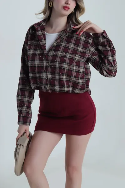 Bordo Serpme Taşlı Astarlı Kadın Gömlek Bluz 485590